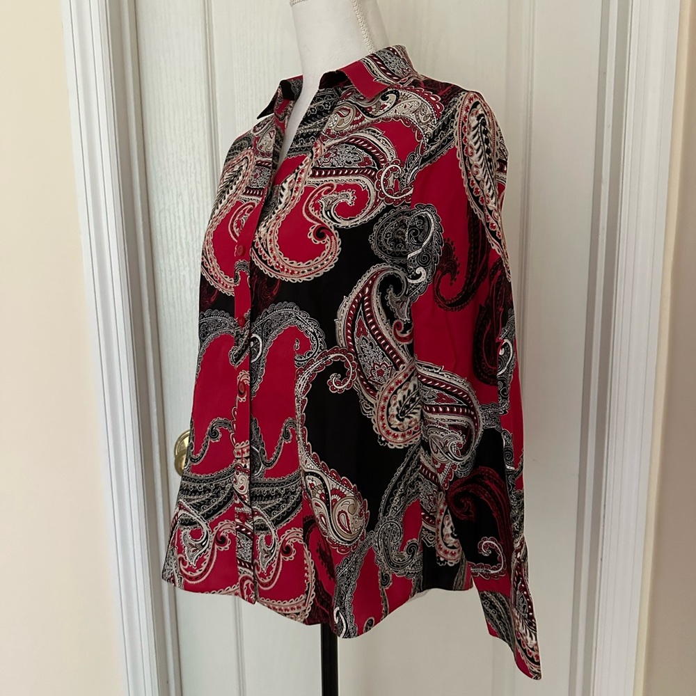 New Chicos Woman’s Black Red No-Iron Cotton Paisley Button Down ShirtTop, Sz 00 - Picture 3 of 10
